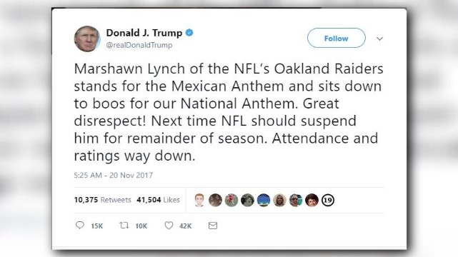 Trump calls out Marshawn Lynch, who sat for the U.S. national anthem but  stood for Mexico's